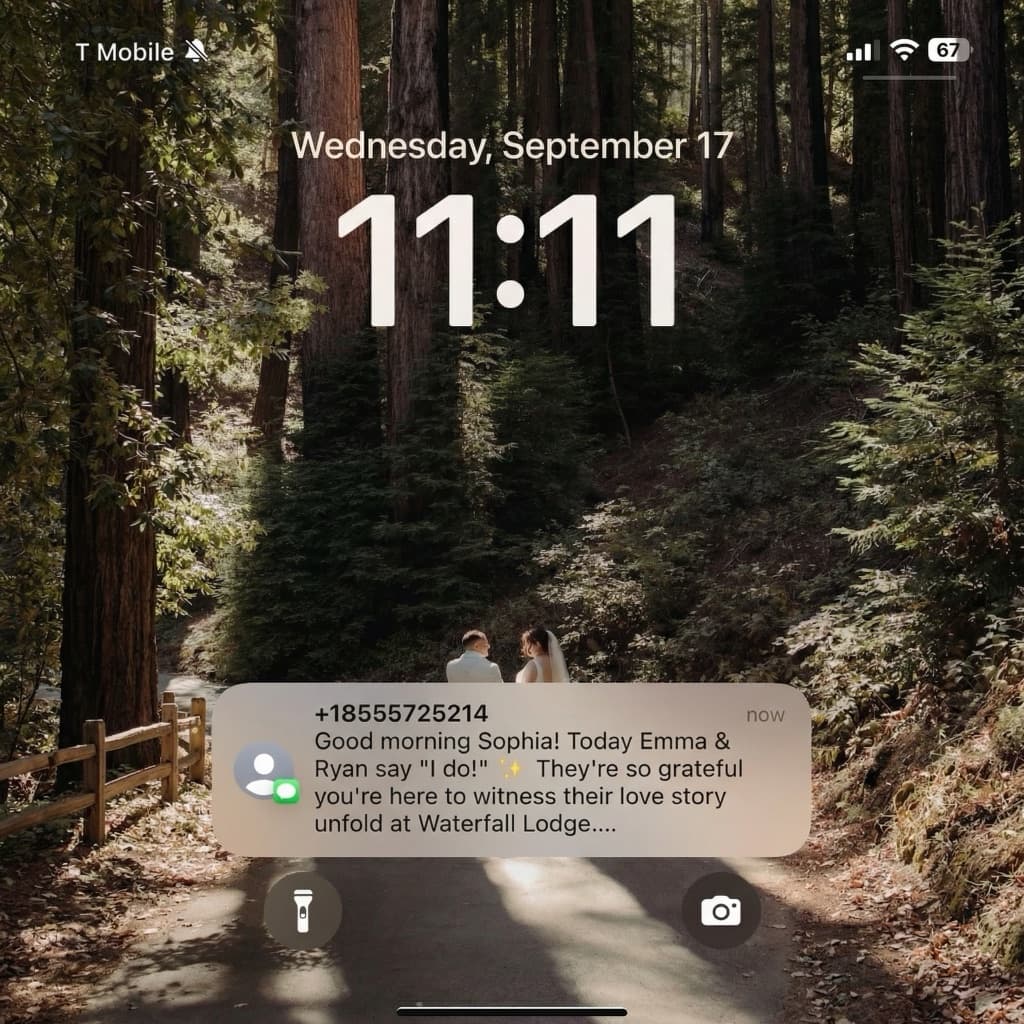 SMS notification preview showing a wedding day message to a guest